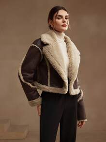 SHEIN X Lucía Bellido Anewsta Fashionable Color-Block Turn-Down Collar Short Jacket With Double Pockets For Women