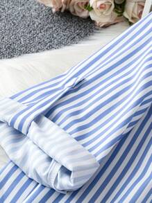 SHEIN LUNE Plus Size Navy Blue Hem Floral Print Long Sleeve Shirtdress Fall Women Clothes Baby Blue Dress Women Business Casual Woman Work Dress Business Dress - Blue and White - View 3