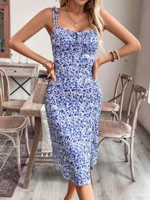 Breezaya 花卉印花扭纹前开衩无袖连衣裙