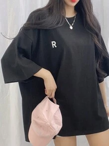 DAZY Camiseta de manga corta con cuello redondo holgada y de corte amplio con estampado de letras, para uso casual de verano por mujeres - Negro - Ver 5