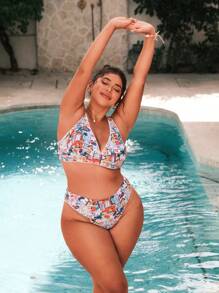 SHEIN Swim Curve Plus Size Women's Palm Tree Printed Sexy Bikini Set For Summer Beach - Multicolor - View 6