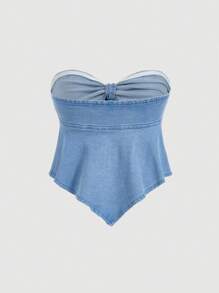 SHEIN MOD Women's Vintage Sweet Blue Denim Shirt With Bow-Knot Decoration And Elasticity,Corset Top,Going Out Tops,Back To School Tops,Cute Tops,Off The Shoulder Tops,Light Blue Tops,Tight Tops,Bow Tops,Fitted Tops