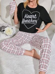 EURMUSE 2 件棉质撞色心形印花宽松短袖衬衫和格子印花长裤睡衣套装 - 黑色 - 查看 1
