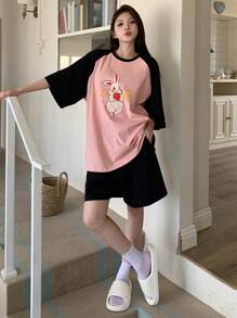 DAZY Women's Cute Rabbit Printed Contrast Color Raglan Sleeve Sleeve T-Shirt And Shorts Design Homewear Set - Pink - View 4