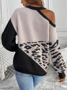 SHEIN LUNE Colorblock Cut Out Shoulder Sleeve Contrast Leopard Casual Pullover Sweater, Long Sleeve, Knit Pullover Fall Winter - Multicolor - View 2