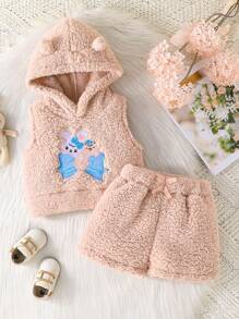 SHEIN 2 Stücke/Set Kleine Mädchen Herbst/Winter Cartoon Kaninchen bedrucktes flauschiges Hoodie Top und Shorts Outfit - Verschiedenfarbig - Übersicht 1
