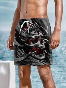 Men's Summer 3D Skull Printed Beach Shorts - Black - View 3