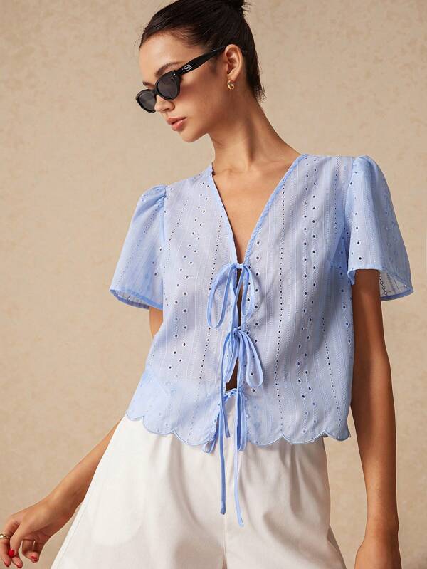 Poéselle Women's Summer Solid Color Tie Front Puff Sleeve Loose Blouse