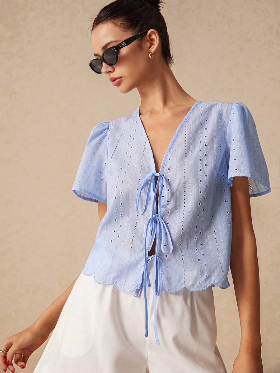 Poéselle 女式夏季纯色系带泡泡袖宽松衬衫 - 藍色 - 查看 1