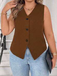 Celure 大码女式夏季纯色单排扣休闲办公背心 - 棕色 - 查看 5