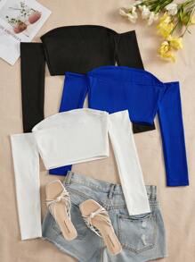 SHEIN Unity 3 件套女士纯色露肩长袖短款上衣套装，春夏 - 彩色 - 查看 2