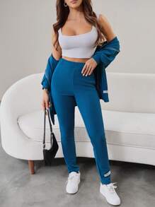 Mulvari Letter Patched Zip Up Hoodie & Leggings 2 Pieces Set - Green - View 4