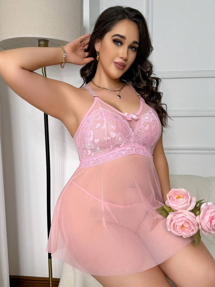 蕾丝拼接大码性感内衣套装带网眼吊带裙和丁字裤，2 件 - 粉色 - 查看 1