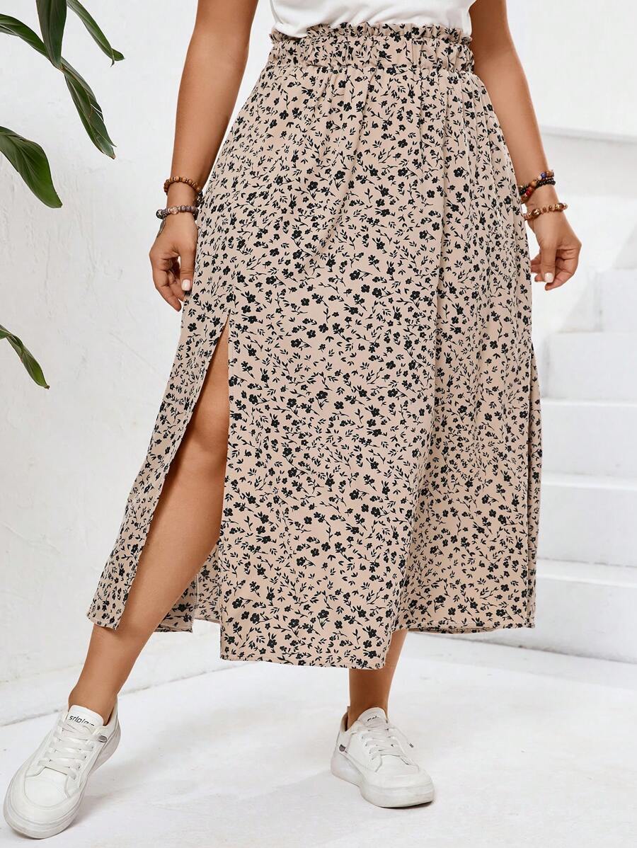 SHEIN Frenchy Váy nữ in hoa nhiệt đới cỡ lớn - Màu Khaki - Xem 1