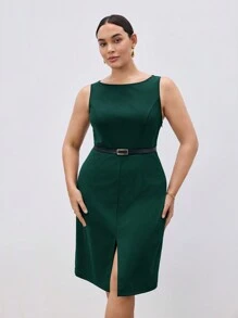BizChic Plus Size Women's Solid Color Simple Blue Everyday Waist Cinched Elegant Casual Work Dress - Green - View 4