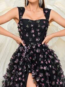 Missord 女式无袖优雅贴花网眼开衩下摆连衣裙 - 黑色 - 查看 8