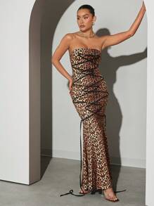 Hauture Vestido de sirena sin mangas con estampado de leopardo y cordones