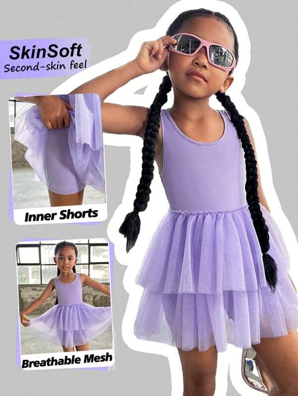 SHEIN 1 Stück niedlicher Balletttanz Tutu Rock für Mädchen, gestrickt in einfarbig, hochelastische Übungskleidung für Kinder, für Tanz und Sport
