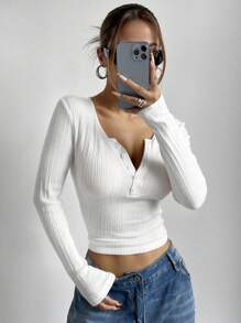 SHEIN EZwear White Knitted Half Buttoned Women's T-Shirt Fall - White - View 3