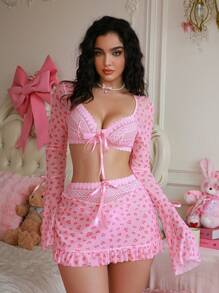 PetitDoll 3pcs Sexy Women's Printed Mesh And Spliced Lace Lingerie Set For Going Out - Pink - View 5