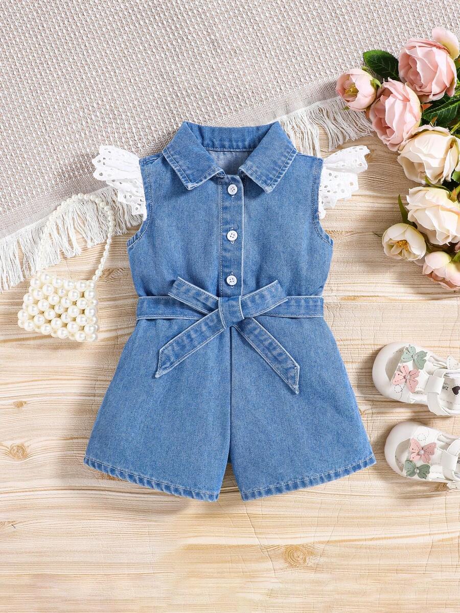 SHEIN Body avec manches courtes en dentelle blanche et col chemise pour bébé fille, en jean bleu - Jean clair - Voir 1