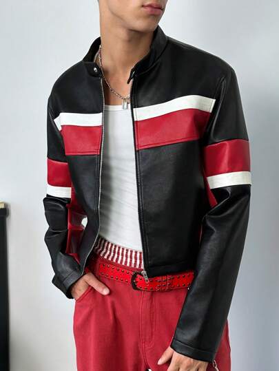 Manfinity RebelGame 1pc Men Y2K Funny Casual Fit High Street Vintage Style Black Woven Pu Jacket, Back To School, Halloween, Fall, Winter