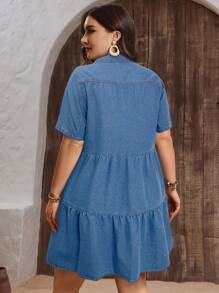 Vestido vaquero de manga corta de verano con botones frontales y dobladillo con volantes, unicolor, talla grande - Azul lavado medio - Ver 2
