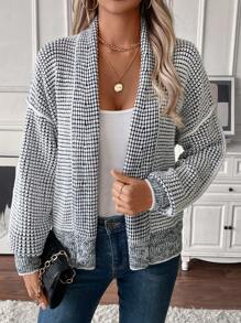 Chiquease 女款华夫格纹理菠萝花图案蝙蝠袖宽松休闲开衫