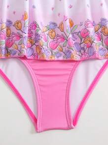 Young Girls Floral Print Bowknot Decor One-Piece Swimsuit - Multicolor - View 4