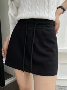 DAZY 女款純色抽繩腰直筒休閒黑色鉛筆裙，校園風 - 黑色 - 查看 3