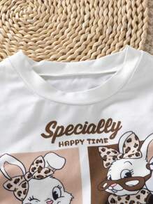 SHEIN Wildeya Young Girl Cute Hand-Drawn Rabbit Pattern Coral Short Sleeve T-Shirt And Leopard Print Knit Leggings Set , Suitable For Summer, Autumn And Winter, Both As Inner Wear And Daily Wear For School,Holiday,Summer,Travel