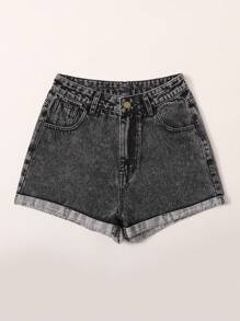 SHEIN EZwear Gray Wash Roll Up Hem Denim Shorts - Grey - View 4
