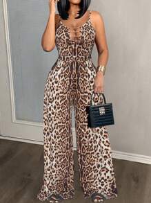 Slaydiva 2024 New Casual Streetwear  Leopard Print Hollow Chest Gold Chain Loose Waist Jumpsuit For Women - Z