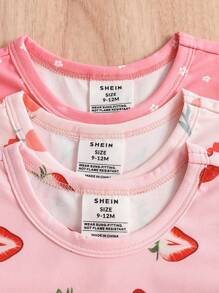 SHEIN 6 件装女婴舒适透气针织家居睡衣套装，草莓和花卉图案短袖上衣和长裤 - 粉色 - 查看 3