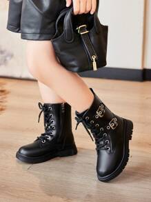 Plain Color Lace-Up Casual Versatile Children Boots - Black - View 1