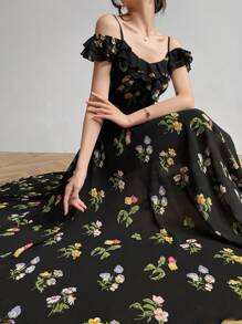 Modelyn Đầm hở vai họa tiết hoa thanh lịch cho nữ, trang phục Maxi mùa hè cho nữ, đầm dạ hội dài - màu đen - Xem 7