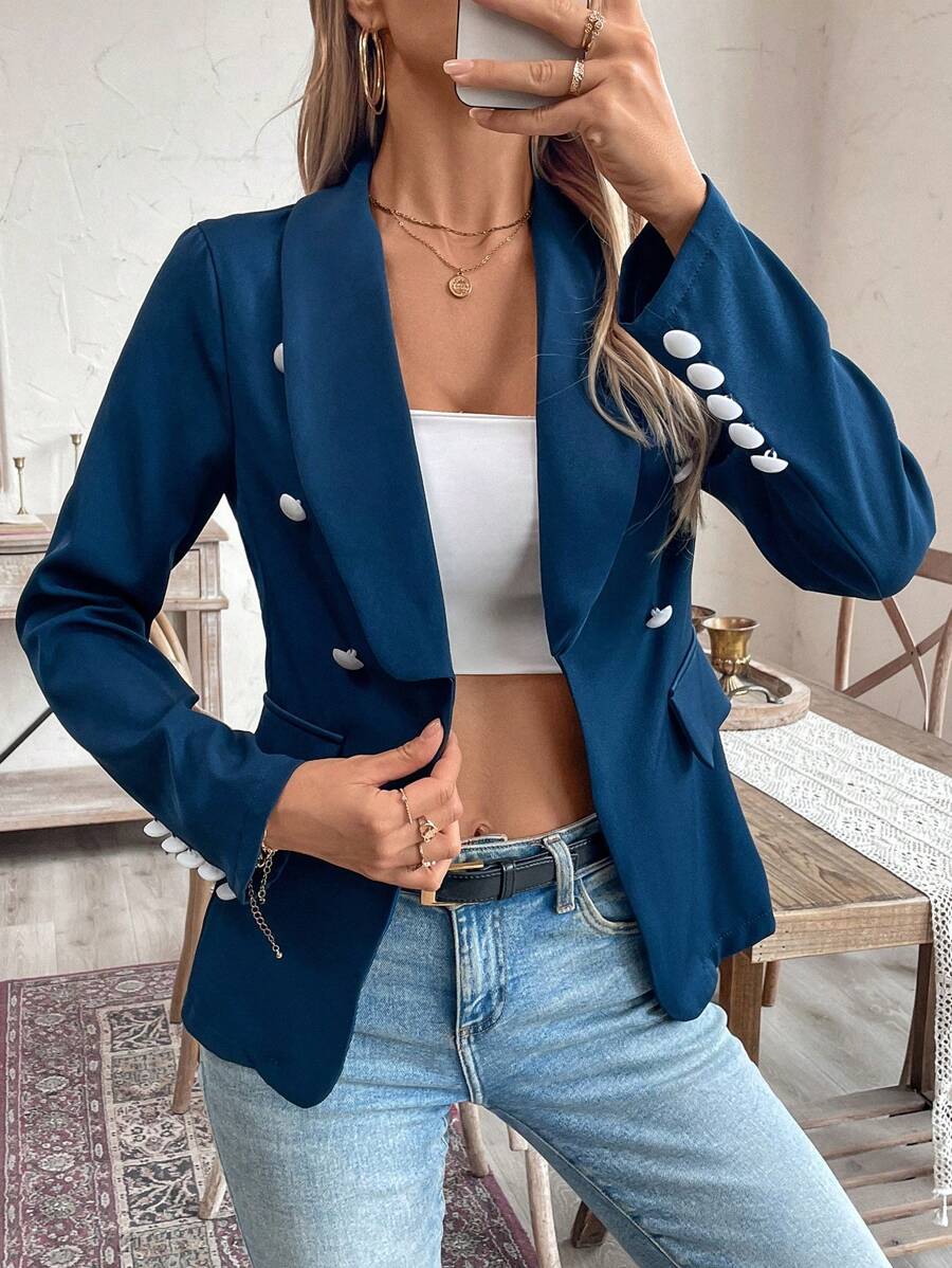 Chiquease Women's Pearl Decor Button Solid Color Long Sleeve Blazer - Blue - View 1