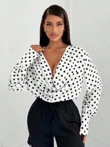 SHEIN SXY 性感垂坠领口长袖圆点办公室通勤衬衫 - 黑與白 - 查看 1