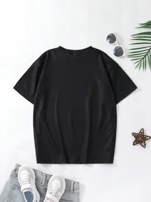 SHEIN Letnia koszulka dziewczęca Tween z palmami i literami, okrągłym dekoltem i krótkim rękawem