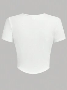 SHEIN 少女针织纯色 V 领短袖休闲 T 恤 - 白色 - 查看 2