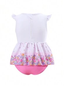 Young Girls Floral Print Bowknot Decor One-Piece Swimsuit - Multicolor - View 2