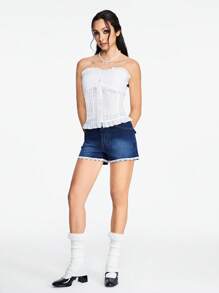 ROMWE Kawaii Women's Color Block Lace Insert Denim Shorts With Pockets, Summer - Blue - View 3