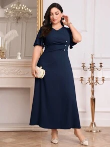 Modelyn Plus Size Women's Summer Solid Color V-Neck Short Sleeve Pleated Elegant Dress Long Evening Dresses