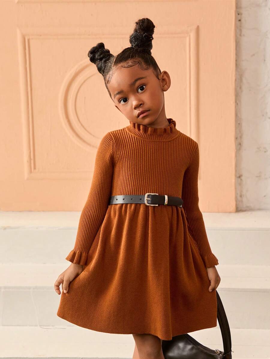 Young Girl Fall Casual Knitted Sweater Dress With Ruffle Trim - Brown - View 1