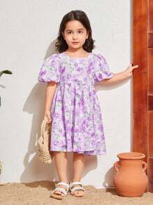 SHEIN Young Girl's Loose Casual Vacation Dress, Woven Ditsy Floral With Round Neck And Puff Sleeves - Purple - View 5