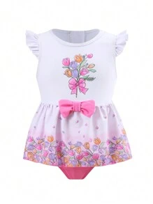 Young Girls Floral Print Bowknot Decor One-Piece Swimsuit - Multicolor - View 1