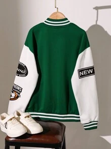 SHEIN Tween Boy's Letter Print Contrast Splicing Long Sleeve Jacket, School Style - Green - View 2