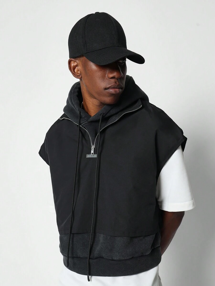 SUMWON Double Layer Mixed Fabric Hooded Gilet