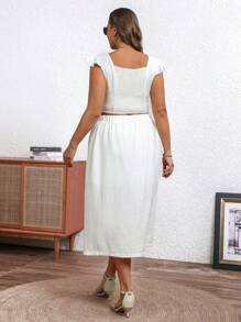 Flirla Plus Size Women's Summer Solid Color Twisted Cap Sleeve Crop Top And Split Hem Midi Skirt Set With Single-Breasted Design - Apricot - View 2