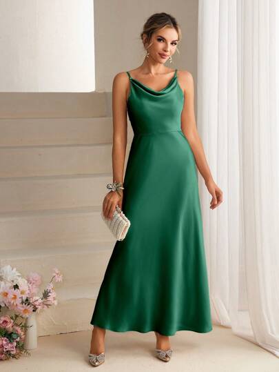 SHEIN Belle Elegant Bridesmaid Long Dress, Satin Dress, Spaghetti Strap Long Gown, Graceful Party Dress